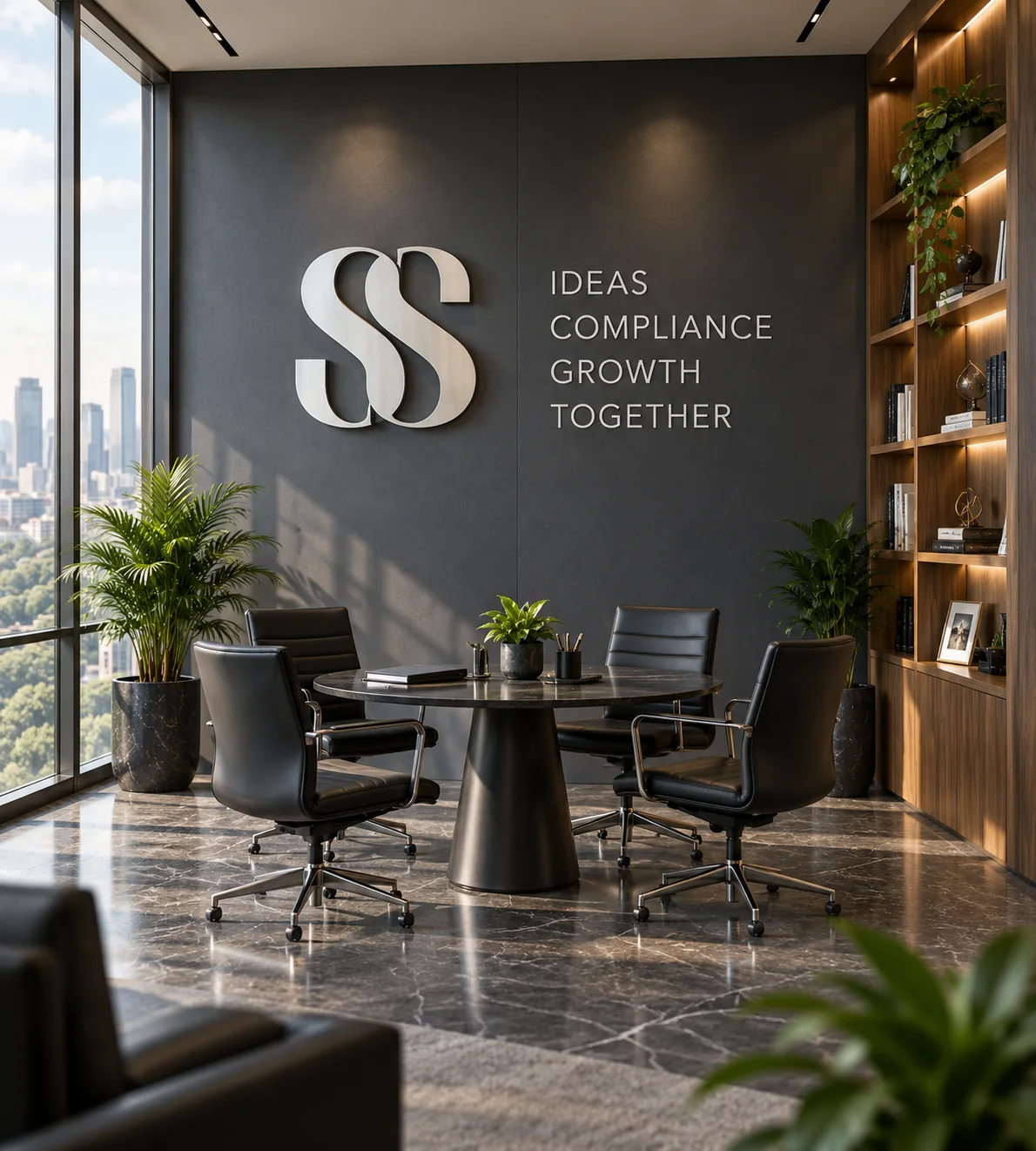 Office interior with SS monogram and Ideas, Compliance, Growth, Together wall design